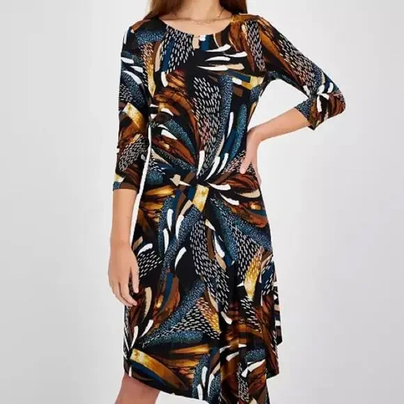 Robbie Bee Petite 3/4-Sleeve Asymmetrical-Hem Dress Teal Multi Women’s Sz PM - Picture 1 of 10